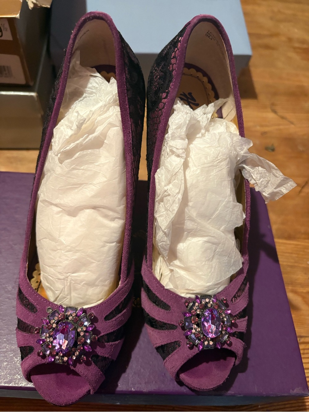 Hale Bob Purple and Black Jeweled Peep-Toe Heels
